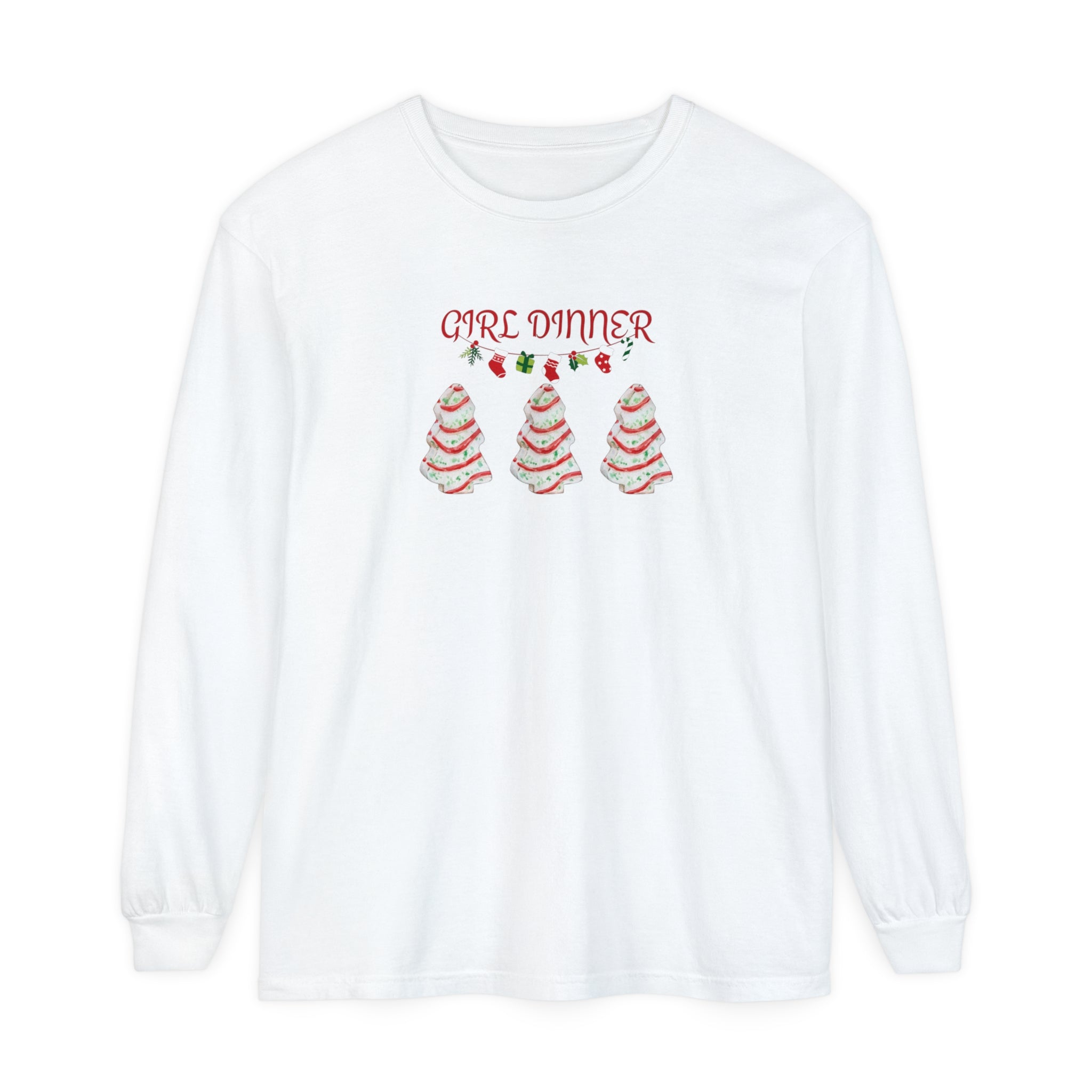 GIRL DINNER with Christmas snack cakes, Unisex Garment-dyed Long Sleeve T-Shirt