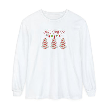 GIRL DINNER with Christmas snack cakes, Unisex Garment-dyed Long Sleeve T-Shirt